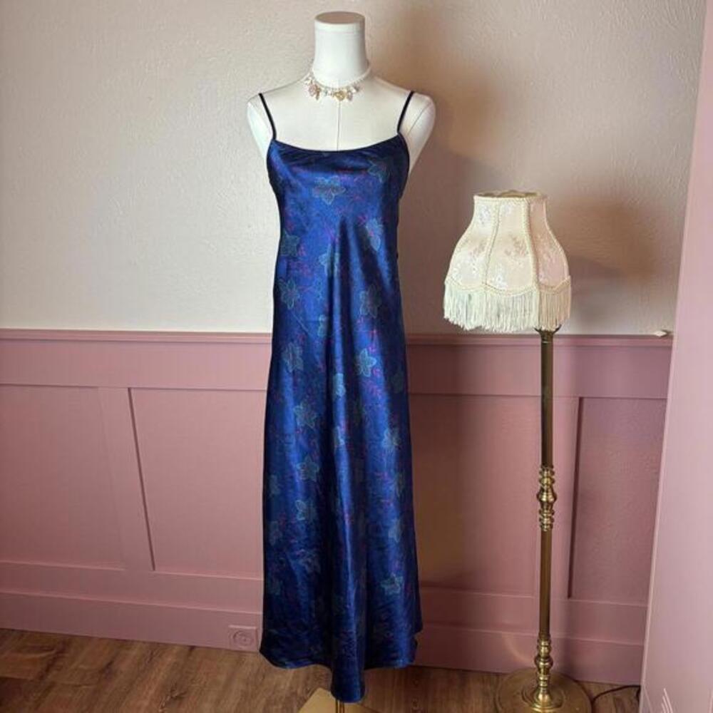 Valerie Stevens Vintage Satin Maxi Slip Dress Blue Fairycore Y2K Indie Sz Small